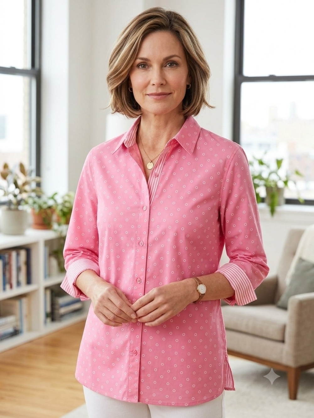 Jones New York Sport Pink Dot Petite Stretch Button-Up Excellent Condition